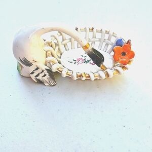 Vintage Porcelain Swan Woven Basket Handpainted White Floral